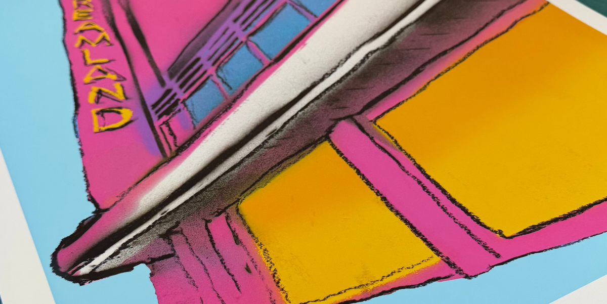 Dreamland Spray by Maximillian Boxer, contemporary Pop Art print featuring the iconic Dreamland Margate building in vibrant pink, yellow and blue spray-painted colours. Epsiode 3 the big deal with steph mcgovern BBC arts 
