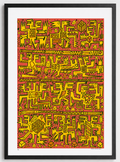 Framed artwork with a red and yellow abstract pattern