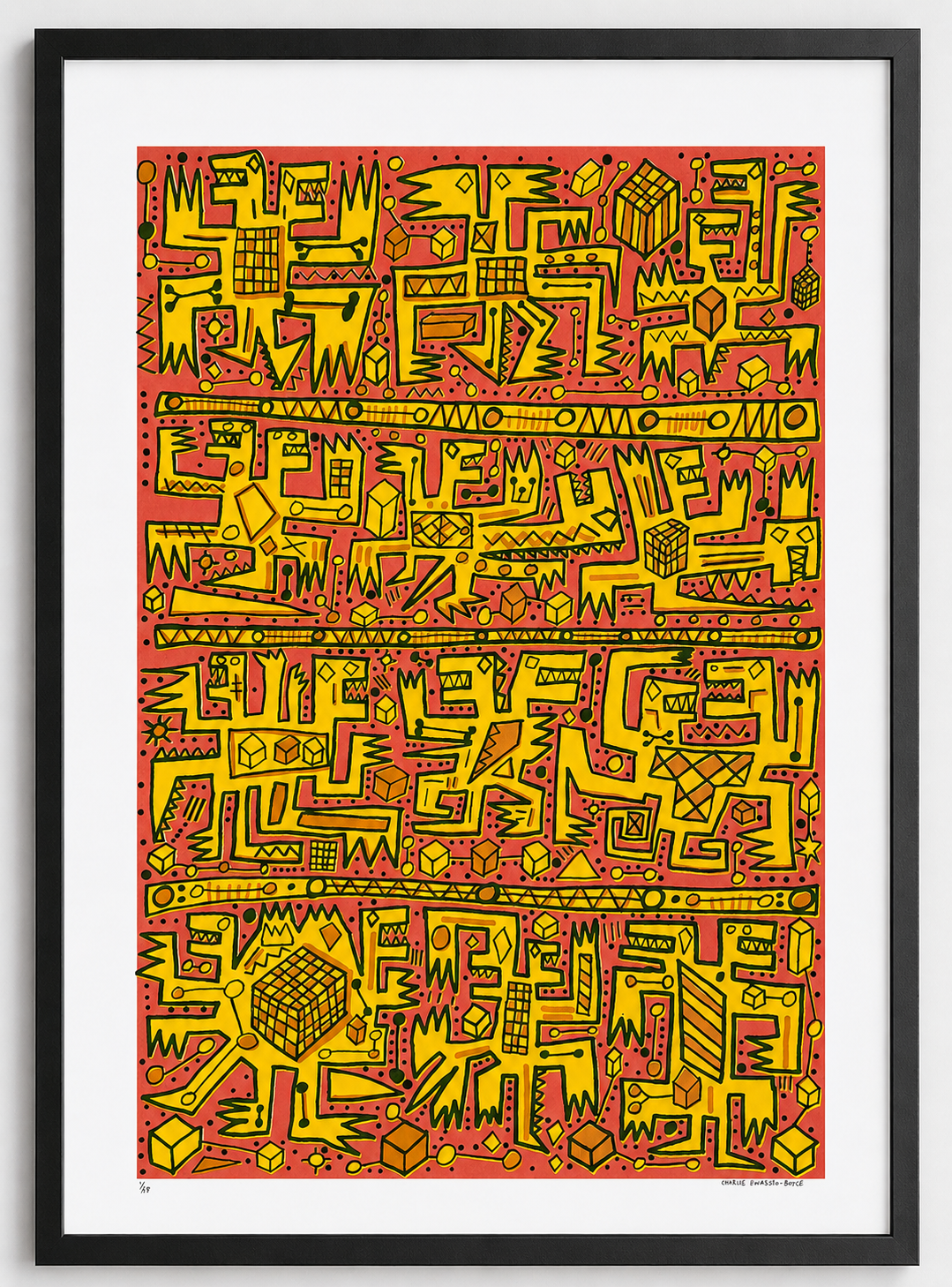 Framed artwork with a red and yellow abstract pattern
