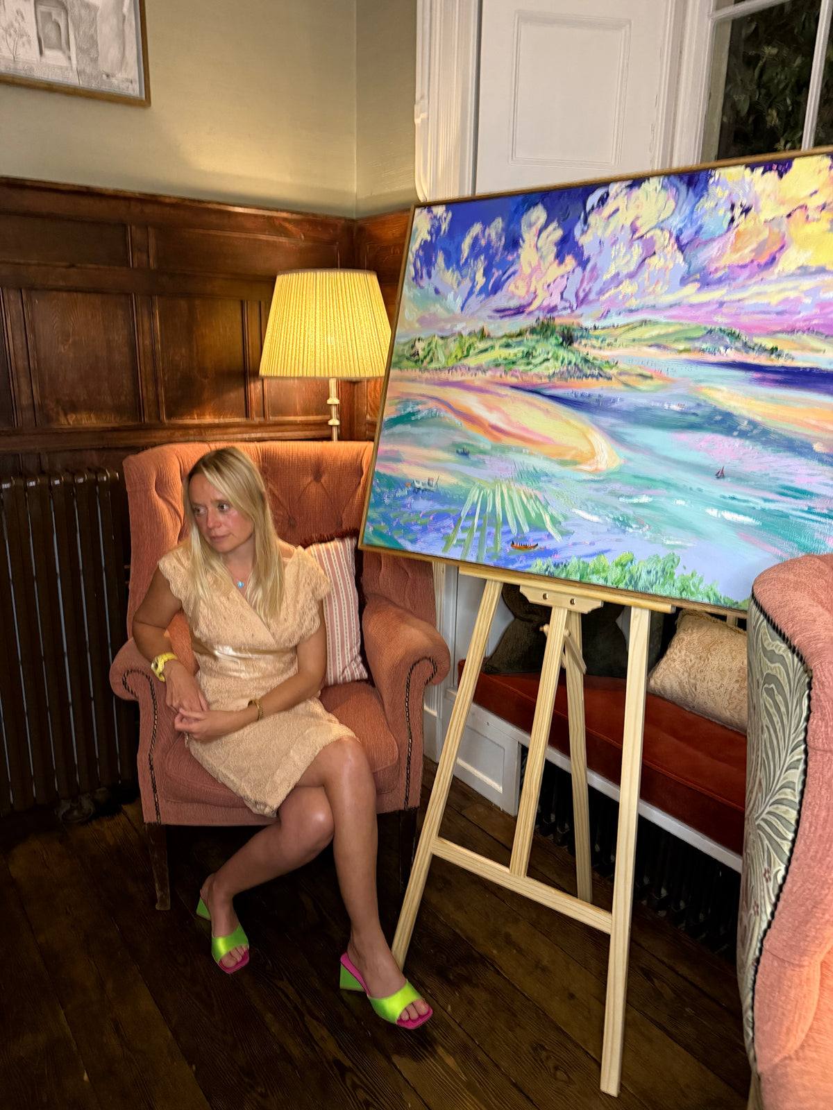 Artist talk evening at Babington House, somerset with Hannah Rollings, Where the Skiff meets Golden Hour, expresive cornwall coast lanscape painting