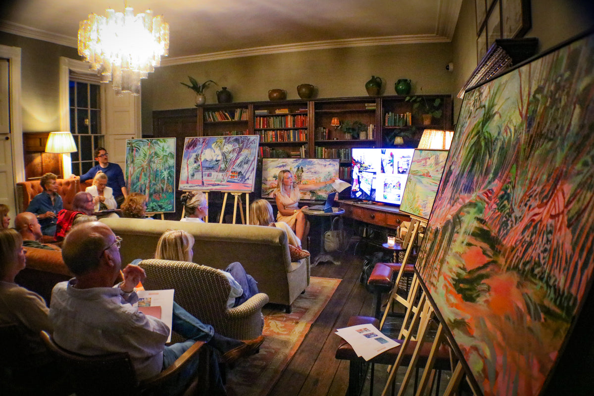 Artist talk evening in the library at Babington House, somerset with Hannah Rollings. Members enjoying a relaxed inimate evening of art 