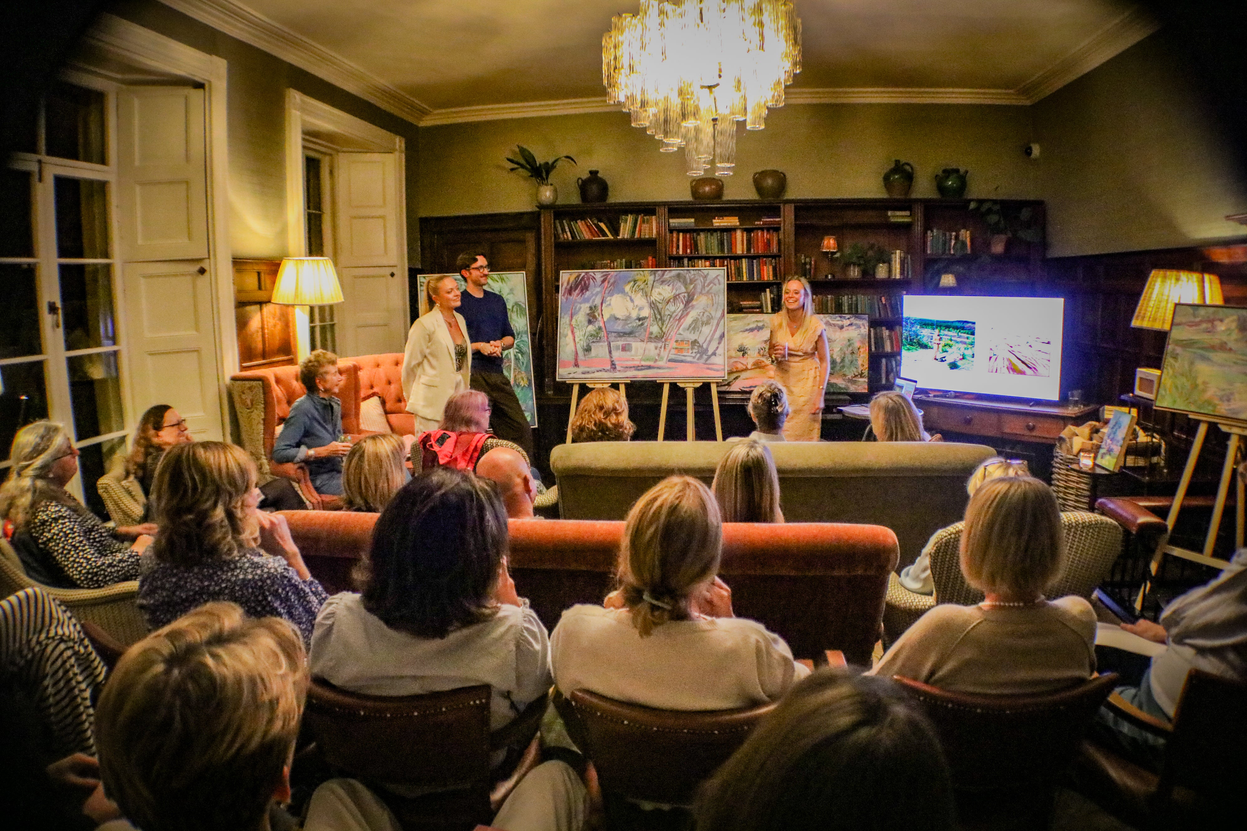 Artist talk evening with Hannah Rollings at Babington Soho House in the Library Room, art evening preview event somerset