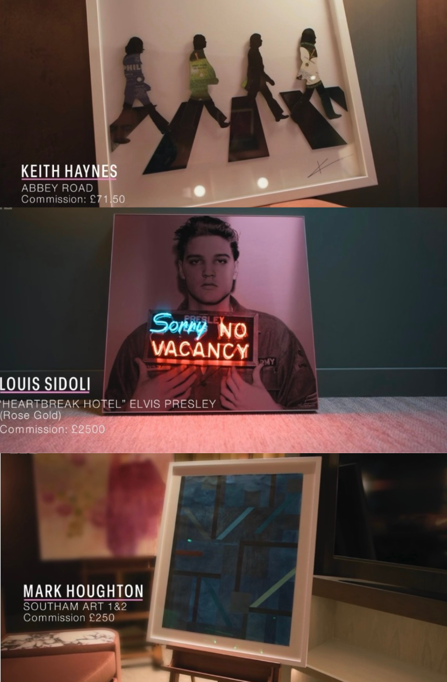 Artwork selected for different rooms in The Big Deal Episode 2, including Louie Sidolii, Mark Houghton and Keith Haynes.