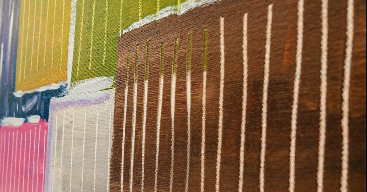 Bella and Ollie Art Footer image showing a expressive, contemporary and abstract artwork piece in brown, prink, yellow and green.