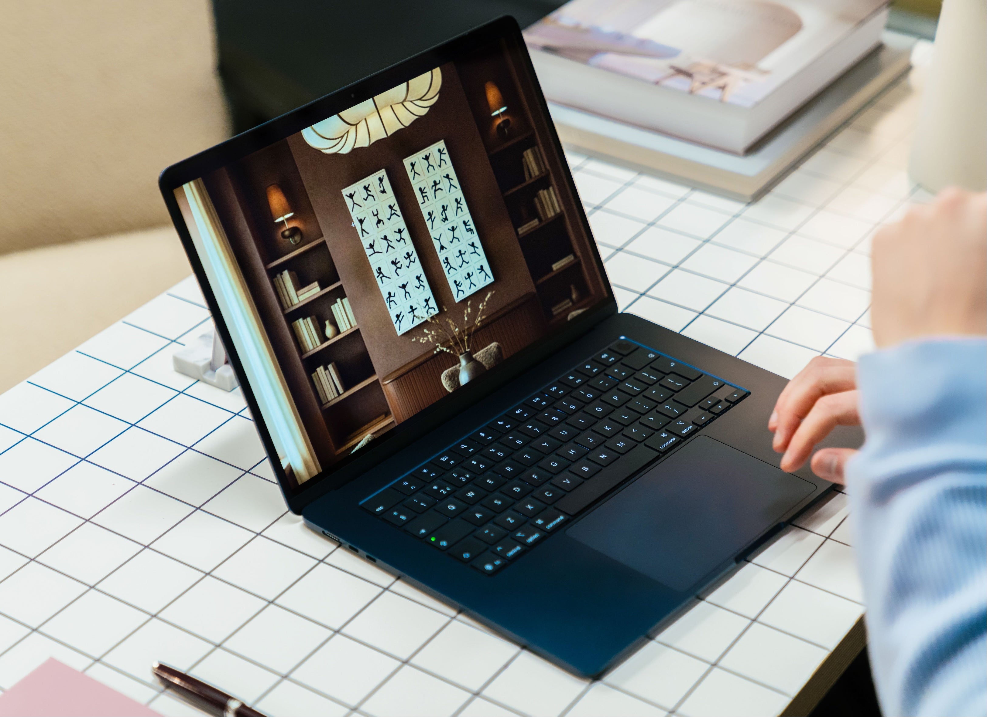 Art Curation of a black and white figurative and abstract diptyque art piece showing stick men dancing in different positions. The diptyque art piece is positioned on a dark brown wall in a mid century style dining room. 