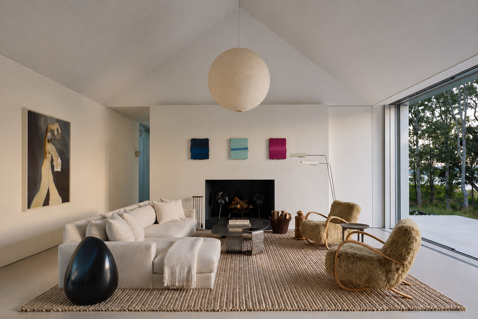 Modern living room with white sofa, decorative pillows, and a fireplace including curated contemporary art by abstract Welsh Artist Elfyn Lewis 