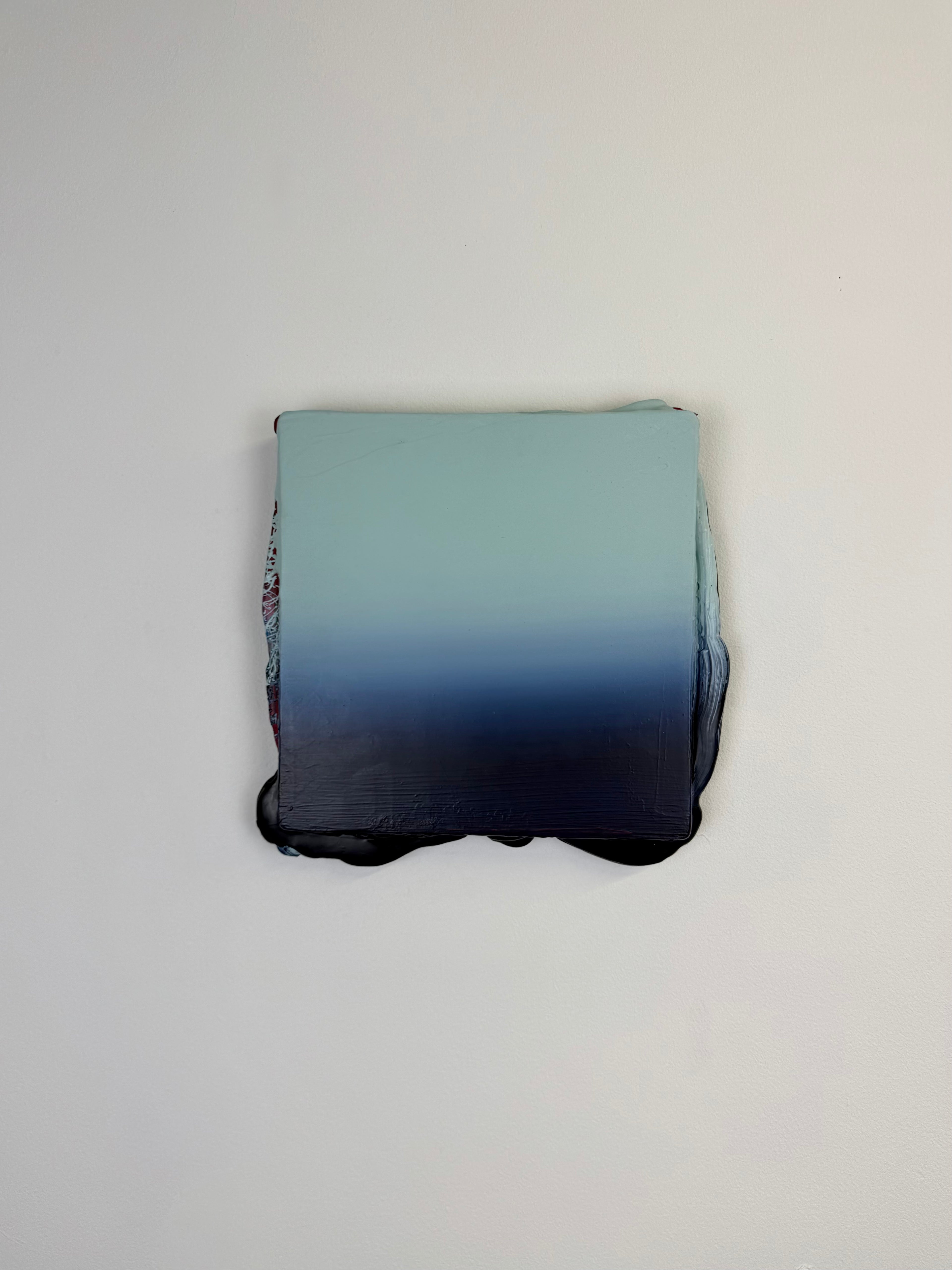Original minimalist artwork by Welsh Artist Elfyn Lewis. Acrylic paint on MDF board to create a 3D effect with a calming yet striking appearance. An abstract landscape piece inspired by a glacial landscape, with colours of light blue transitioning into deep midnight blue and beyond. 