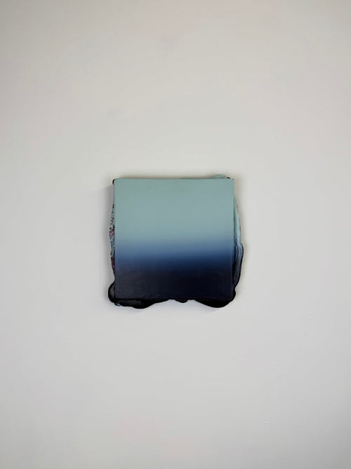 Original minimalist artwork by Welsh Artist Elfyn Lewis. Acrylic paint on MDF board to create a 3D effect with a calming yet striking appearance. An abstract landscape piece inspired by a glacial landscape, with colours of light blue transitioning into deep midnight blue and beyond. 