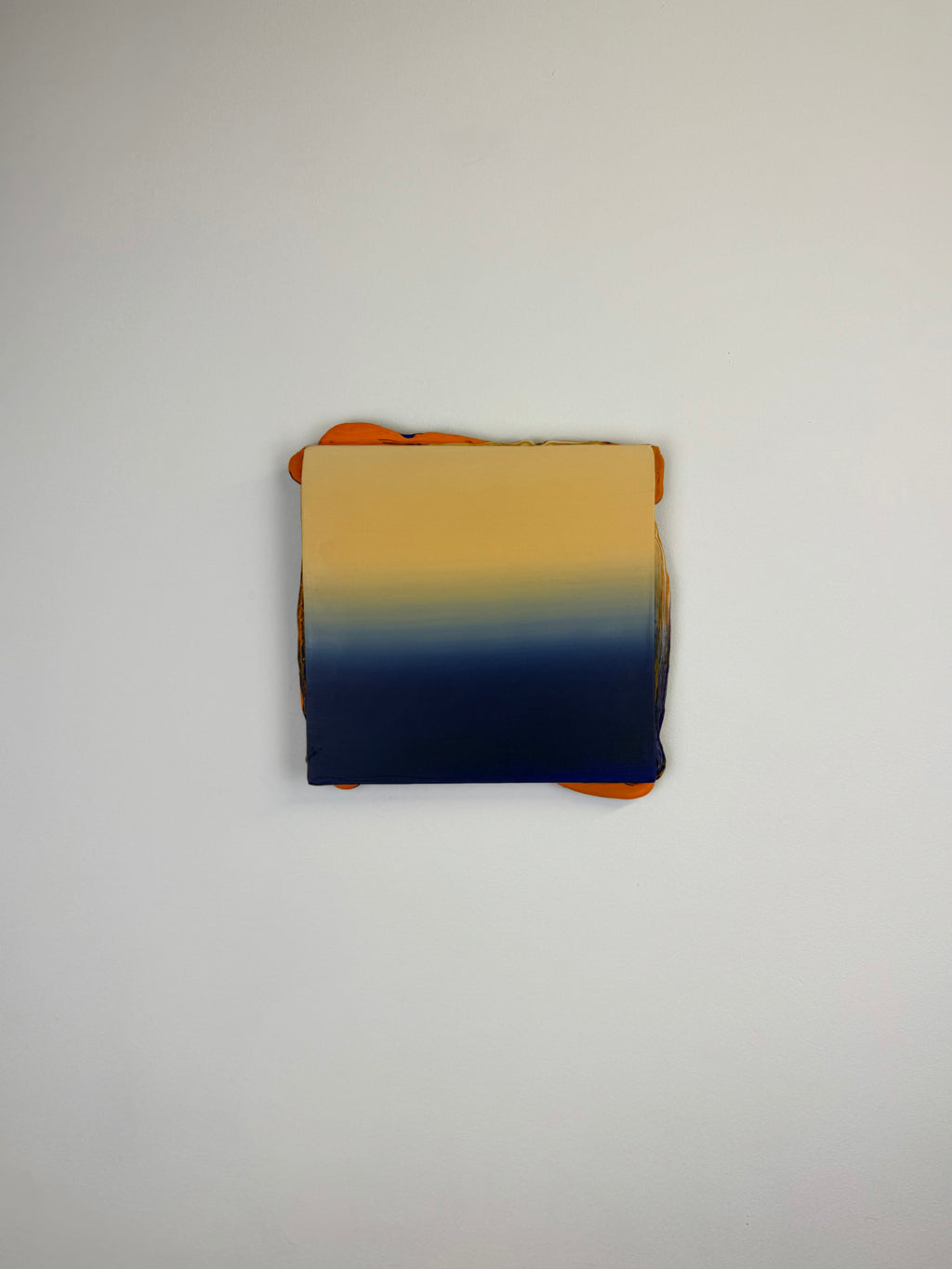 Original contemporary artwork by Welsh Artist Elfyn Lewis. Acrylic paint on MDF board to create a 3D effect with a calming yet striking appearance. An abstract landscape piece inspired by a horizon line at twilight, with colours of warm cream transitioning into dark blue. 