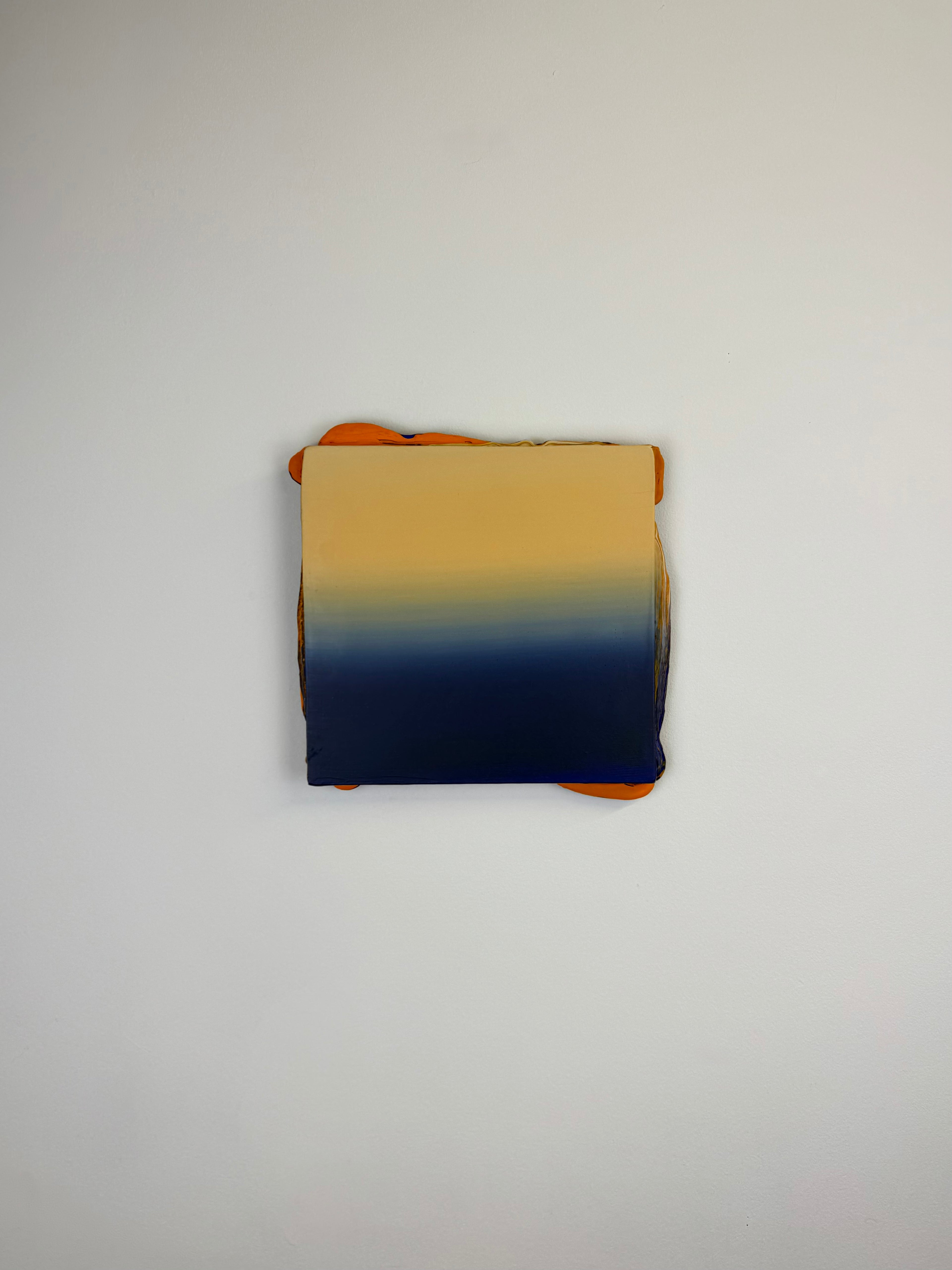 Original contemporary artwork by Welsh Artist Elfyn Lewis. Acrylic paint on MDF board to create a 3D effect with a calming yet striking appearance. An abstract landscape piece inspired by a horizon line at twilight, with colours of warm cream transitioning into dark blue. 