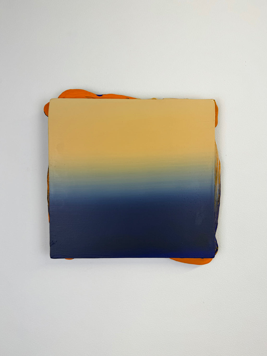 Original contemporary artwork by Welsh Artist Elfyn Lewis. Acrylic paint on MDF board to create a 3D effect with a calming yet striking appearance. An abstract landscape piece inspired by a horizon line at twilight, with colours of warm cream transitioning into dark blue. 