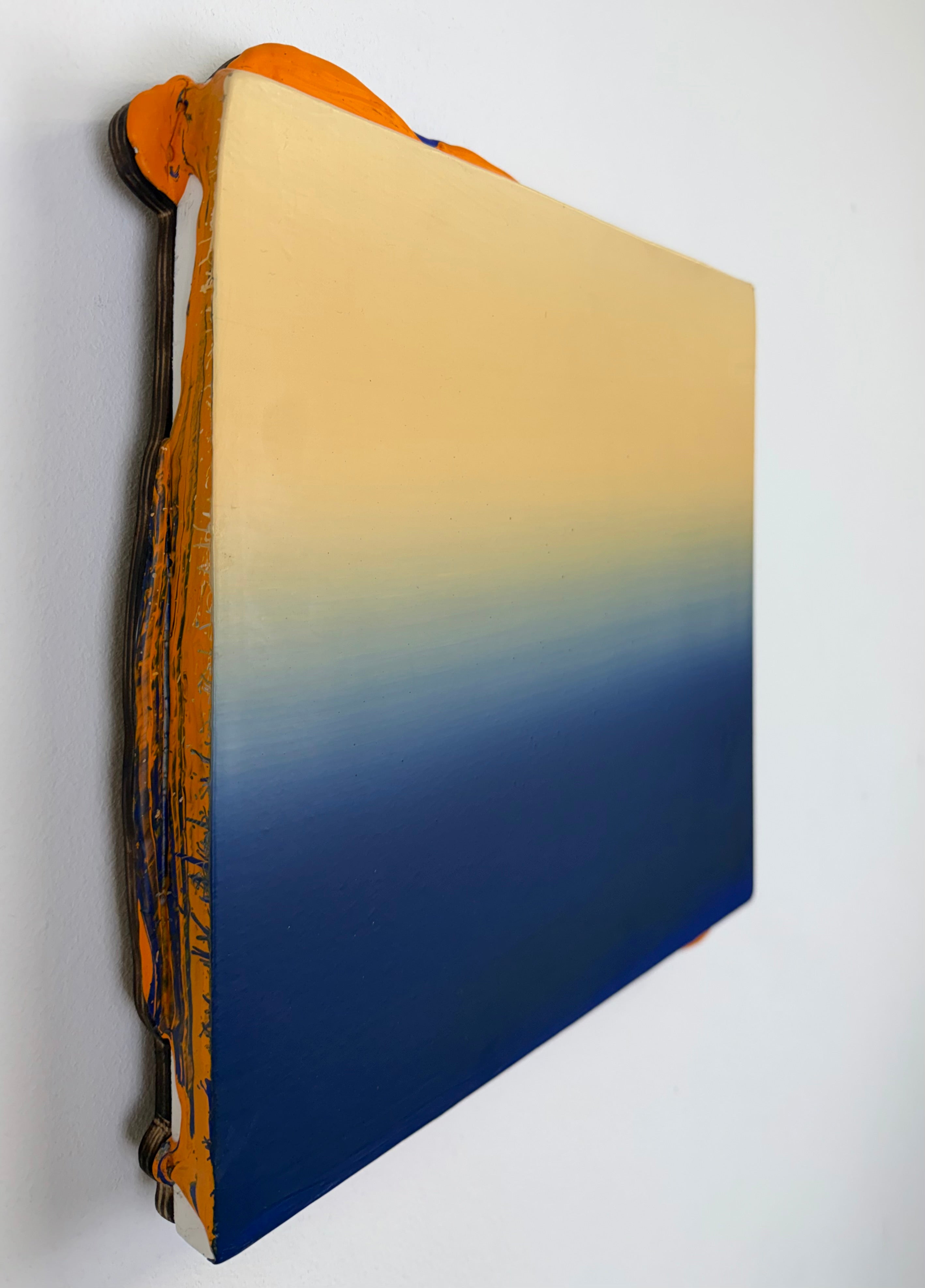 Original contemporary artwork by Welsh Artist Elfyn Lewis. Acrylic paint on MDF board to create a 3D effect with a calming yet striking appearance. An abstract landscape piece inspired by a horizon line at twilight, with colours of warm cream transitioning into dark blue.
