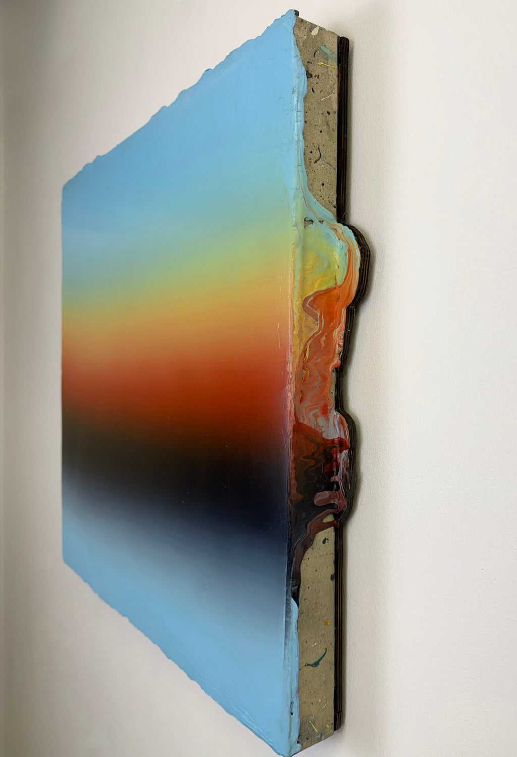 Original minimalist artwork by Welsh Artist Elfyn Lewis. Acrylic paint on MDF board to create a calming yet striking appearance through a seamless multi-colour gradient effect. An abstract landscape art piece inspired by the change of light and time throughout the day. 