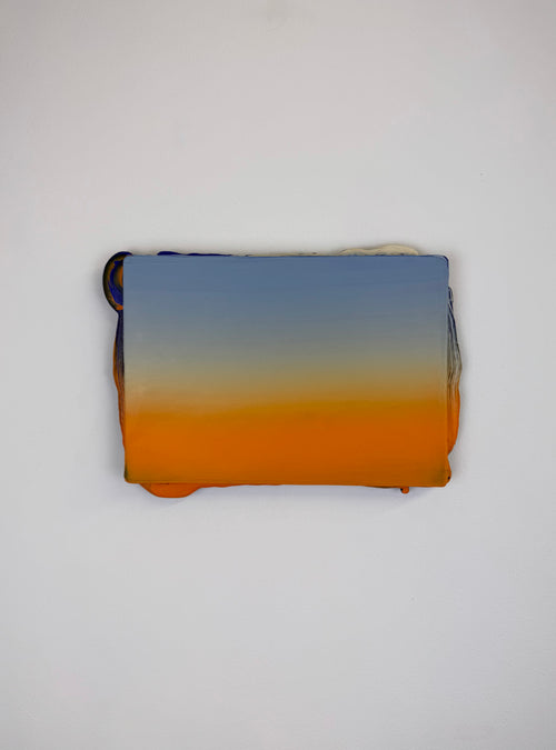 Original minimalist artwork by Welsh Artist Elfyn Lewis. Acrylic paint on MDF board to create a 3D effect with a calming yet striking appearance. An abstract landscape piece inspired by a coastal landscape at sunset, with colours of light blue transitioning into vivid orange. 