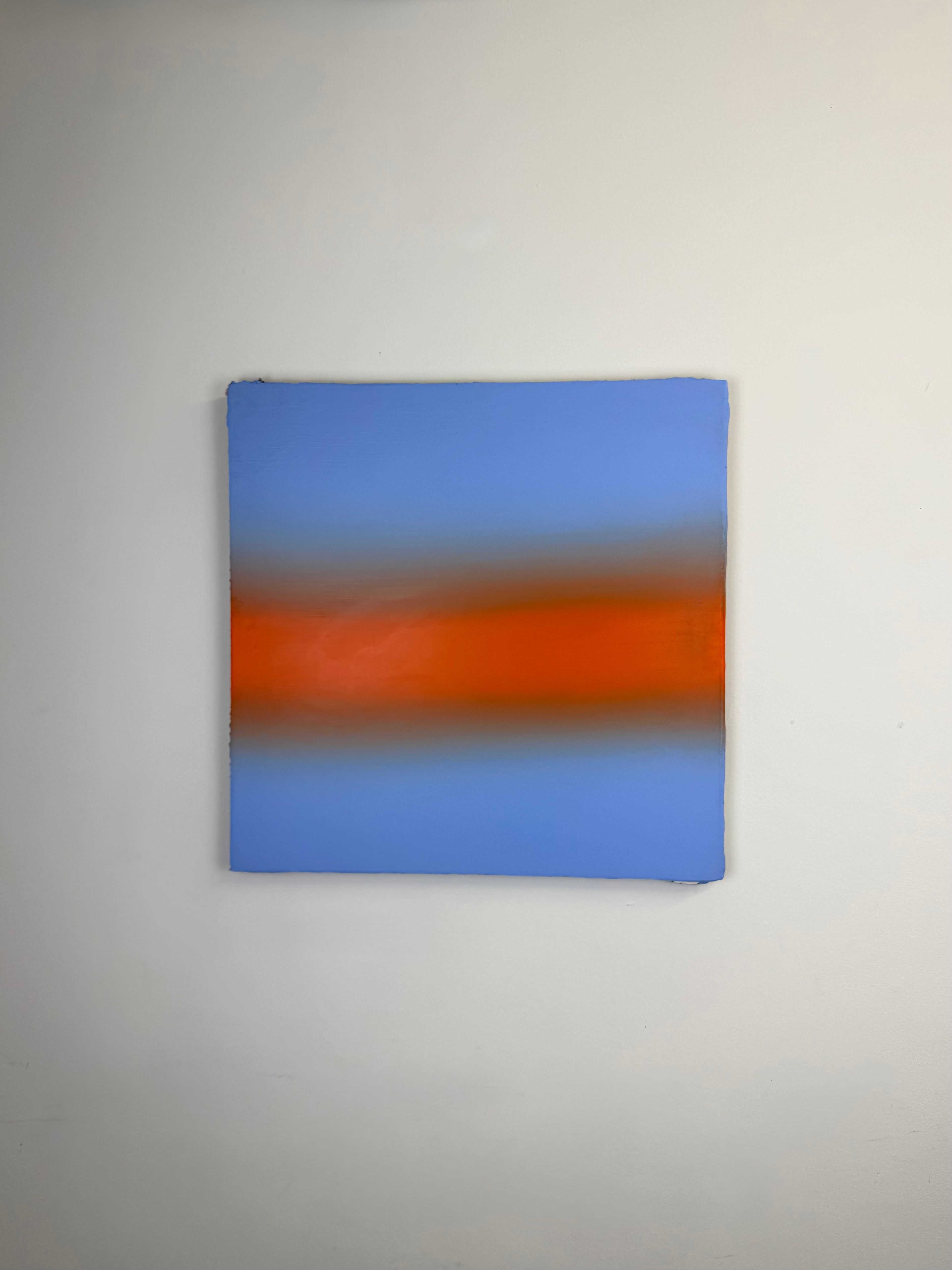 Original minimalist artwork by Welsh Artist Elfyn Lewis. Acrylic paint on MDF board to create a calming yet striking appearance through a dramatic warm orange band, radiating amongst a calm light blue at the top and base, reflecting feelings of a diminishing sunset landscape. 