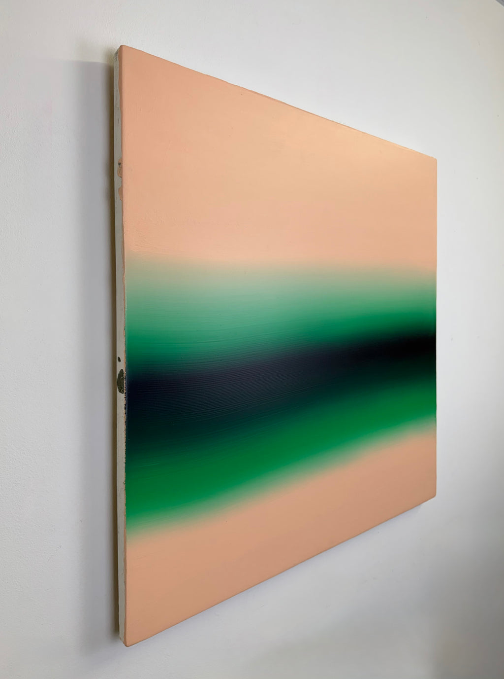 Original minimalist artwork by Welsh Artist Elfyn Lewis. Acrylic paint on MDF board to create a calming yet striking appearance through a dramatic emerald green band radiating between subtle salmon pinks to reflect the early morning light of a rural green landscape in Wales. 