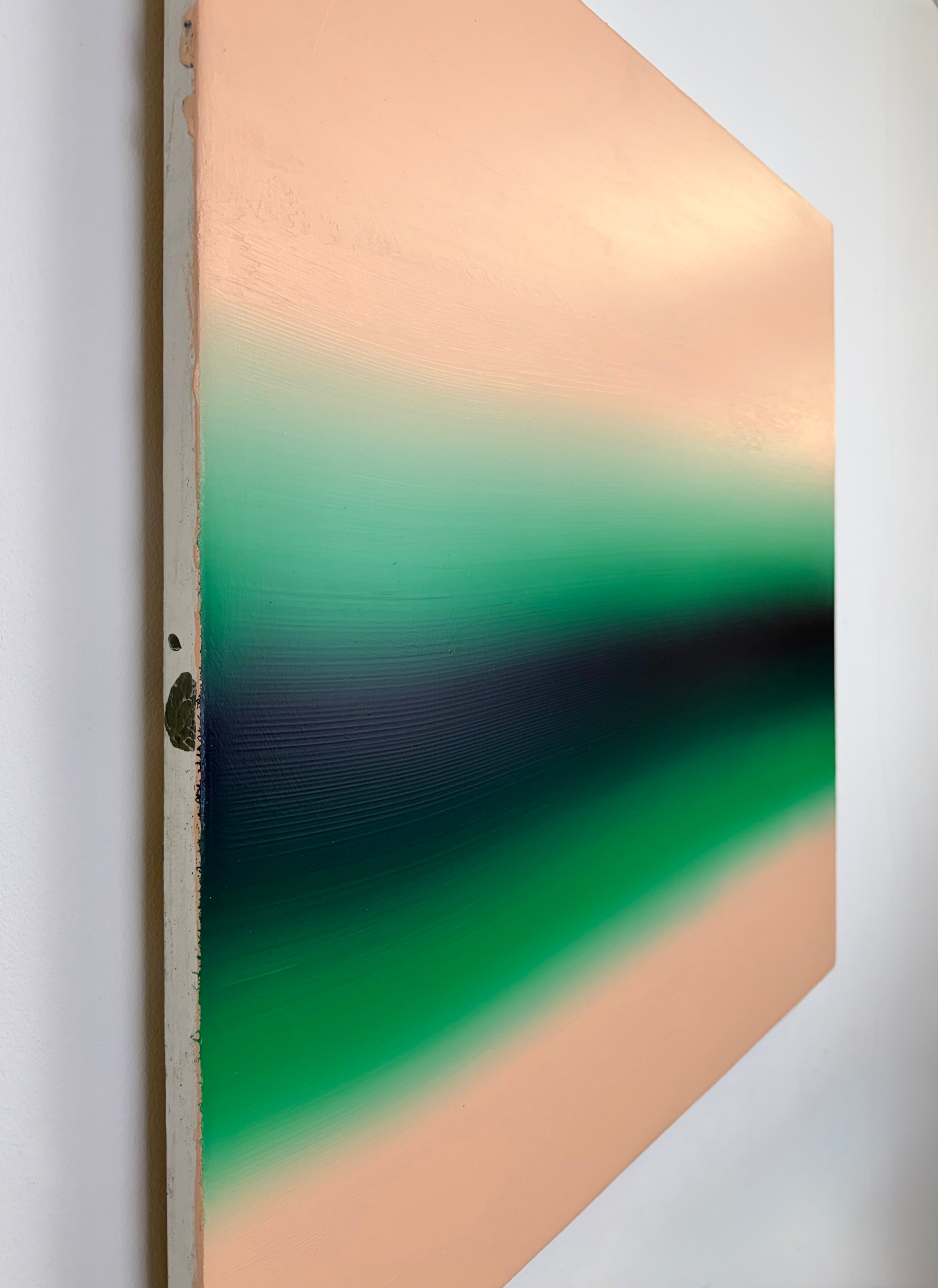 Original minimalist artwork by Welsh Artist Elfyn Lewis. Acrylic paint on MDF board to create a calming yet striking appearance through a dramatic emerald green band radiating between subtle salmon pinks to reflect the early morning light of a rural green landscape in Wales. 