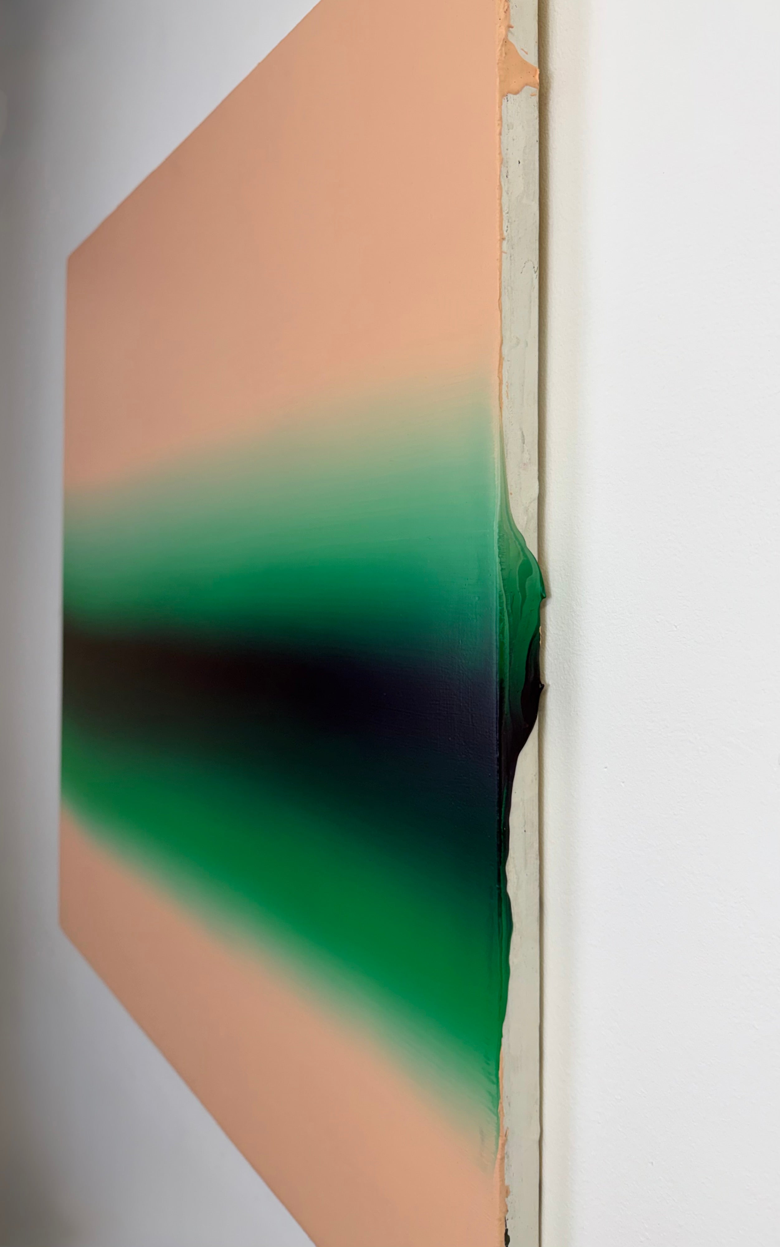 Original minimalist artwork by Welsh Artist Elfyn Lewis. Acrylic paint on MDF board to create a calming yet striking appearance through a dramatic emerald green band radiating between subtle salmon pinks to reflect the early morning light of a rural green landscape in Wales. 