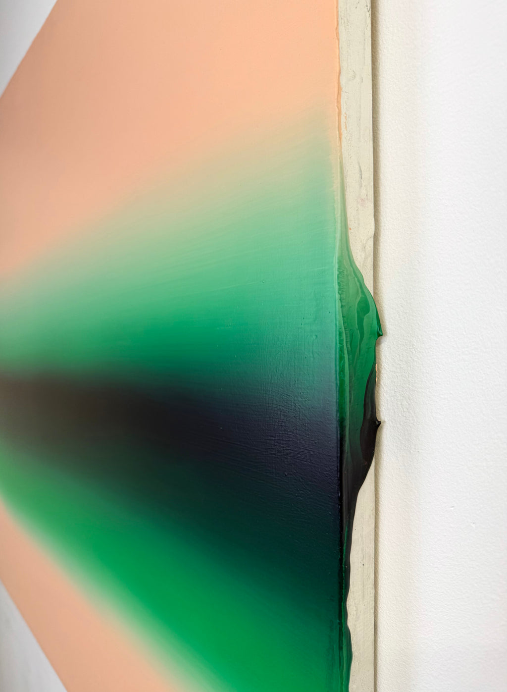Original minimalist artwork by Welsh Artist Elfyn Lewis. Acrylic paint on MDF board to create a calming yet striking appearance through a dramatic emerald green band radiating between subtle salmon pinks to reflect the early morning light of a rural green landscape in Wales.