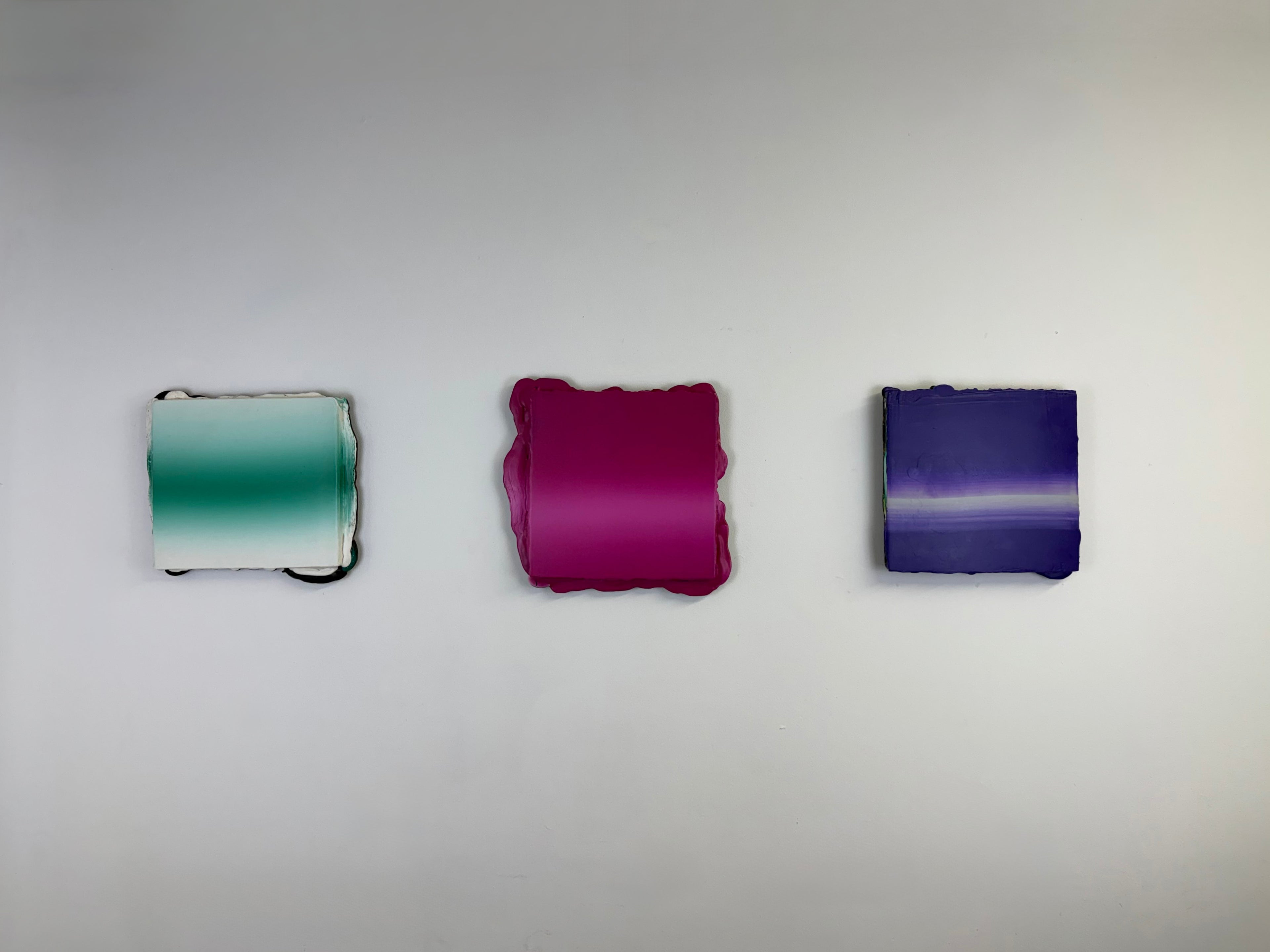 Original minimalist triptych artwork by Welsh Artist Elfyn Lewis. Three curated acrylic paintings on MDF panels to create a strong visual identity and cohesive art language. The abstract art pieces, showcase vivid colours of fresh greens, vivid magenta and transitioning into deeper violets and purples. This Triptych expresses the entire collection and artist voice of Elfyn Lewis.