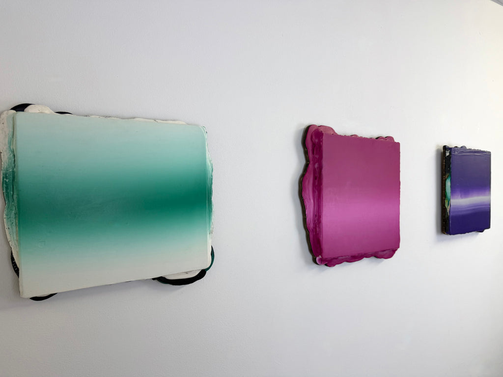 Original minimalist triptych artwork by Welsh Artist Elfyn Lewis. Three curated acrylic paintings on MDF panels to create a strong visual identity and cohesive art language. The abstract art pieces, showcase vivid colours of fresh greens, vivid magenta and transitioning into deeper violets and purples. This Triptych expresses the entire collection and artist voice of Elfyn Lewis.