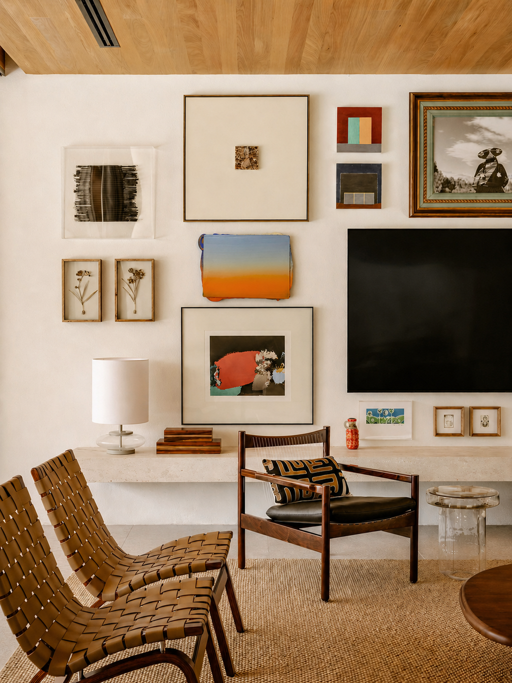 Living room with wall art, chairs, and a TV