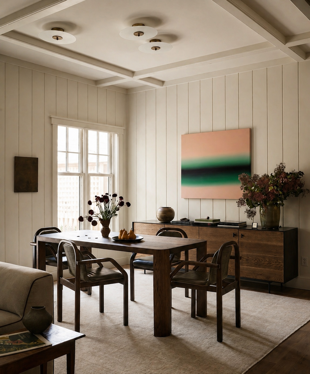 Dining room with wooden table, chairs, and a colorful abstract painting on the wall by Welsh Artist Elfyn Lewis.