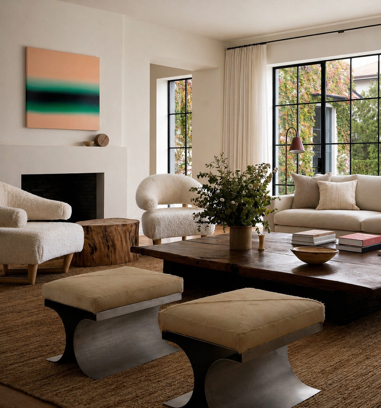 Modern living room with a wooden coffee table, beige sofa, and armchair.