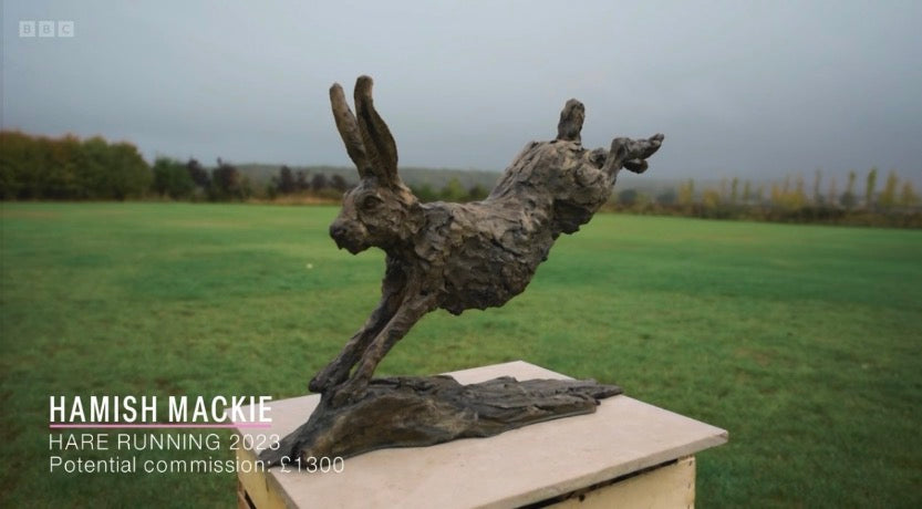 Bella and Ollie chose Hamish Mackie's Hare Running bronze sculpture for the garden in The Big Deal Episode 2.