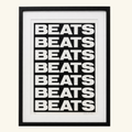 A framed typographic black and white art print featuring the word 'BEATS' by  margate artist Charlie Evaristo Boyce as seen on The Big deal  with Steph McGovern BBC 2