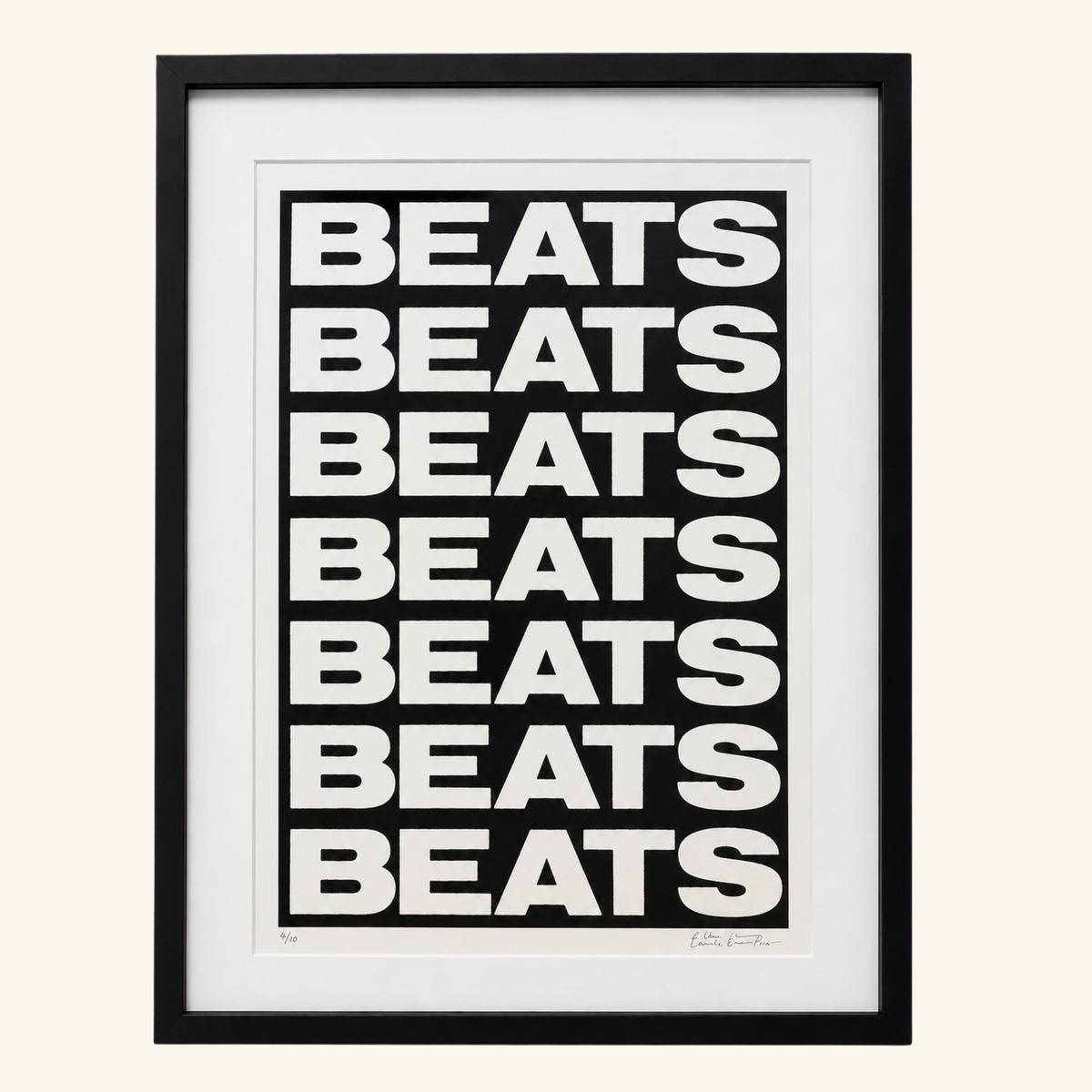 A framed typographic black and white art print featuring the word 'BEATS' by  margate artist Charlie Evaristo Boyce as seen on The Big deal  with Steph McGovern BBC 2