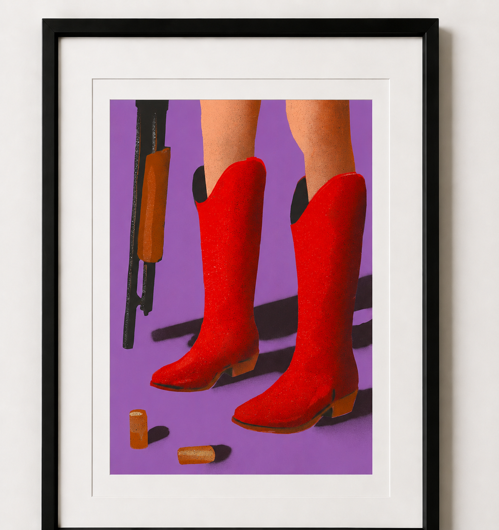 Blasting Corks by Maximillian Boxer, contemporary Pop Art print featuring red cowboy boots, champagne corks and arcade-inspired imagery, created with layered stencil and spray paint techniques.