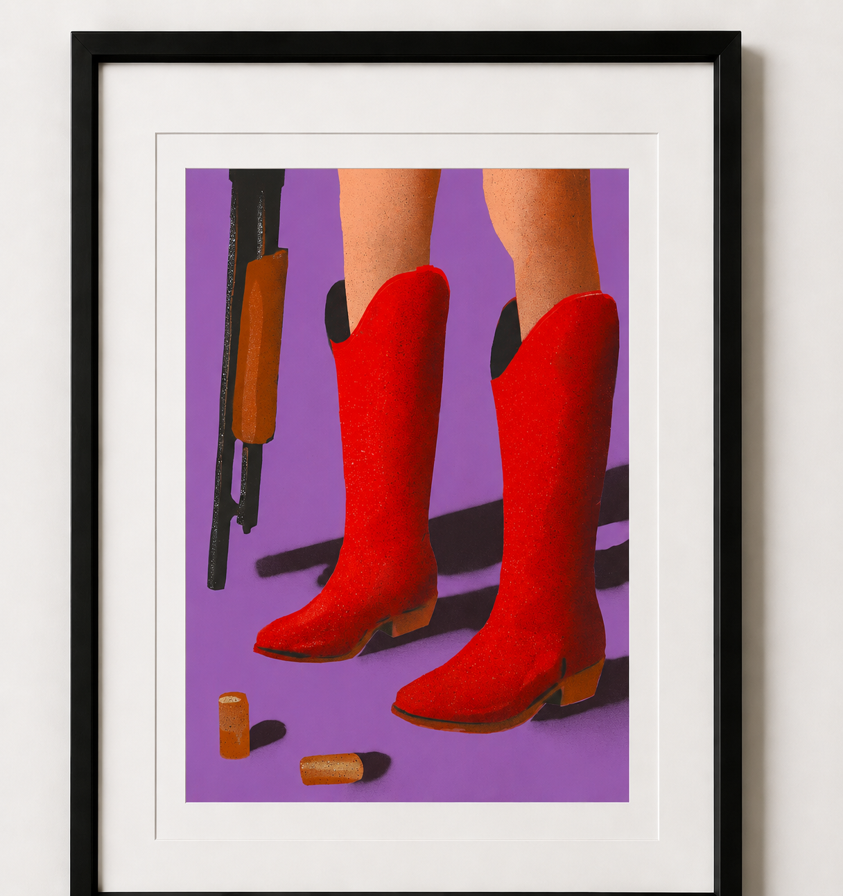 Blasting Corks by Maximillian Boxer, contemporary Pop Art print featuring red cowboy boots, champagne corks and arcade-inspired imagery, created with layered stencil and spray paint techniques.