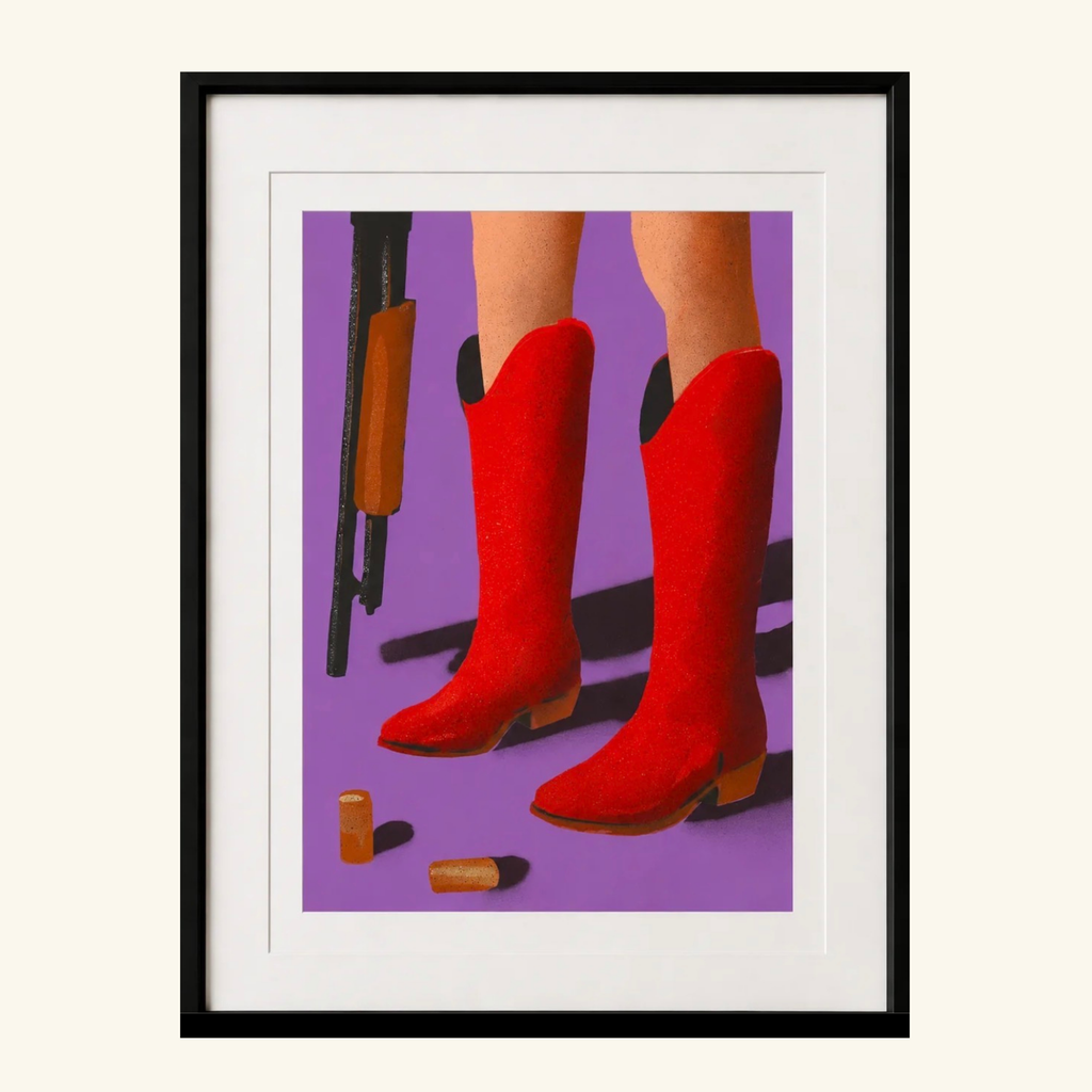 Blasting Corks by Maximillian Boxer, contemporary Pop Art print featuring red cowboy boots, champagne corks and arcade-inspired imagery, created with layered stencil and spray paint techniques.