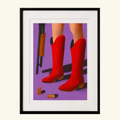 Blasting Corks by Maximillian Boxer, contemporary Pop Art print featuring red cowboy boots, champagne corks and arcade-inspired imagery, created with layered stencil and spray paint techniques.