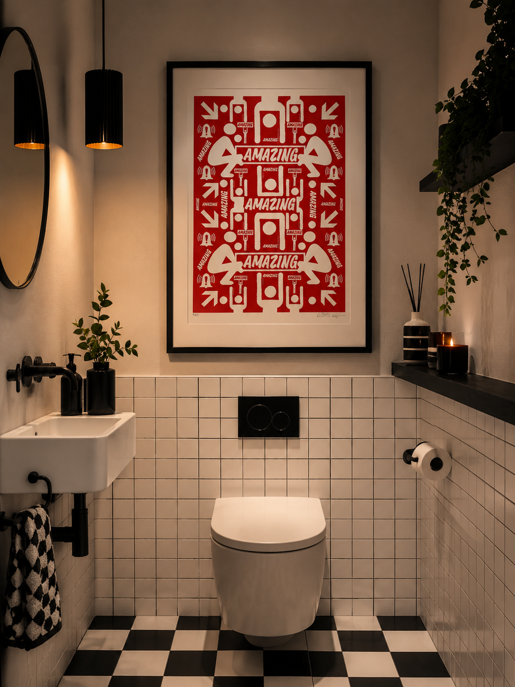 Bathroom with a red and white framed poster, black and white checkered floor, and white tiled walls.