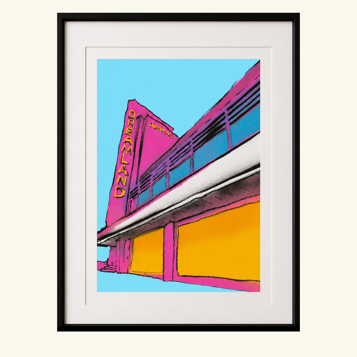 Dreamland Spray by Maximillian Boxer, contemporary Pop Art print featuring the iconic Dreamland Margate building in vibrant pink, yellow and blue spray-painted colours. As seen on The Big Deal Episode 3
