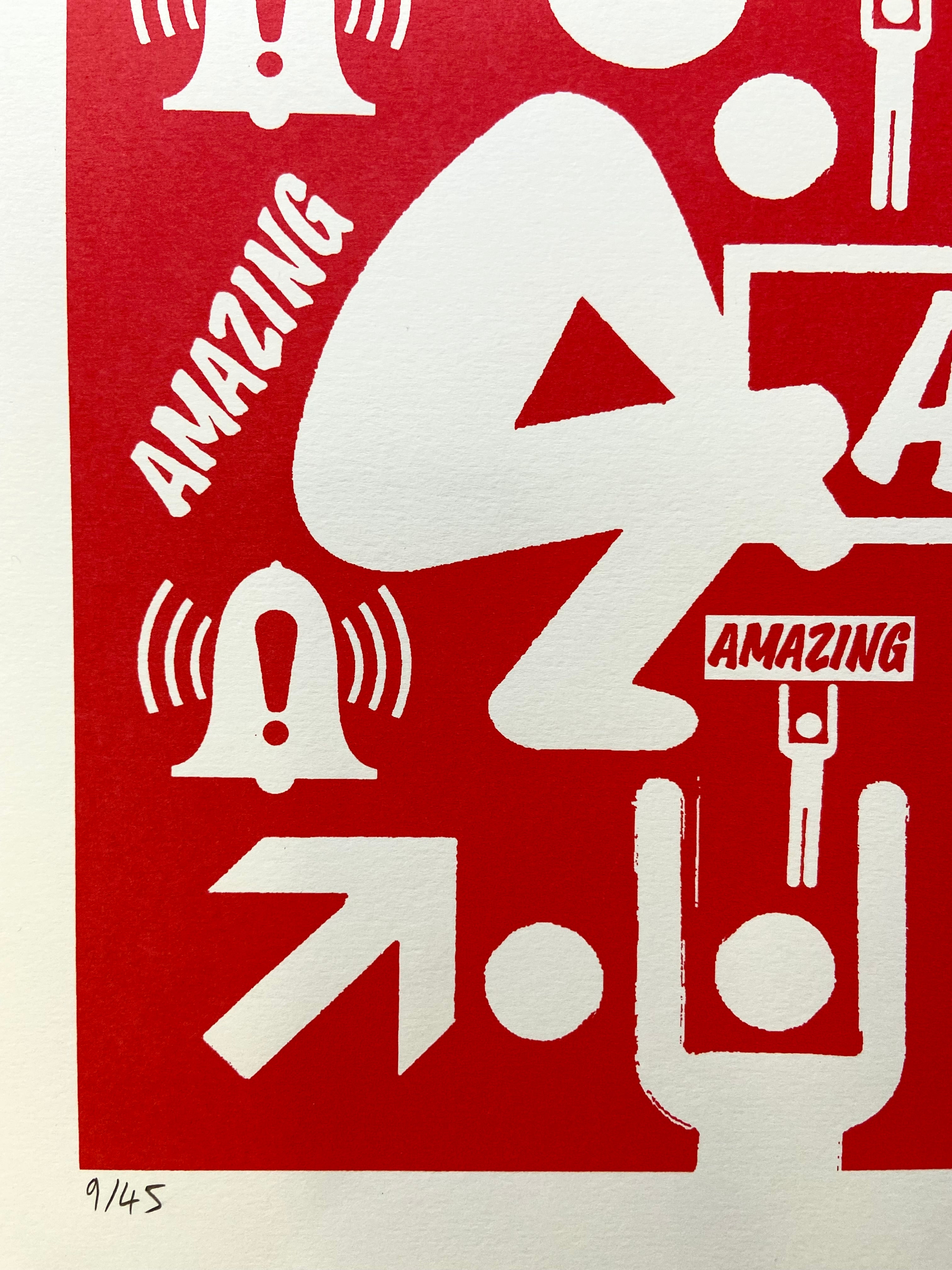 White abstract shapes and text on a red background with 'AMAZING' repeated.