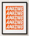 Framed artwork with 'AMAZING' text on an orange background