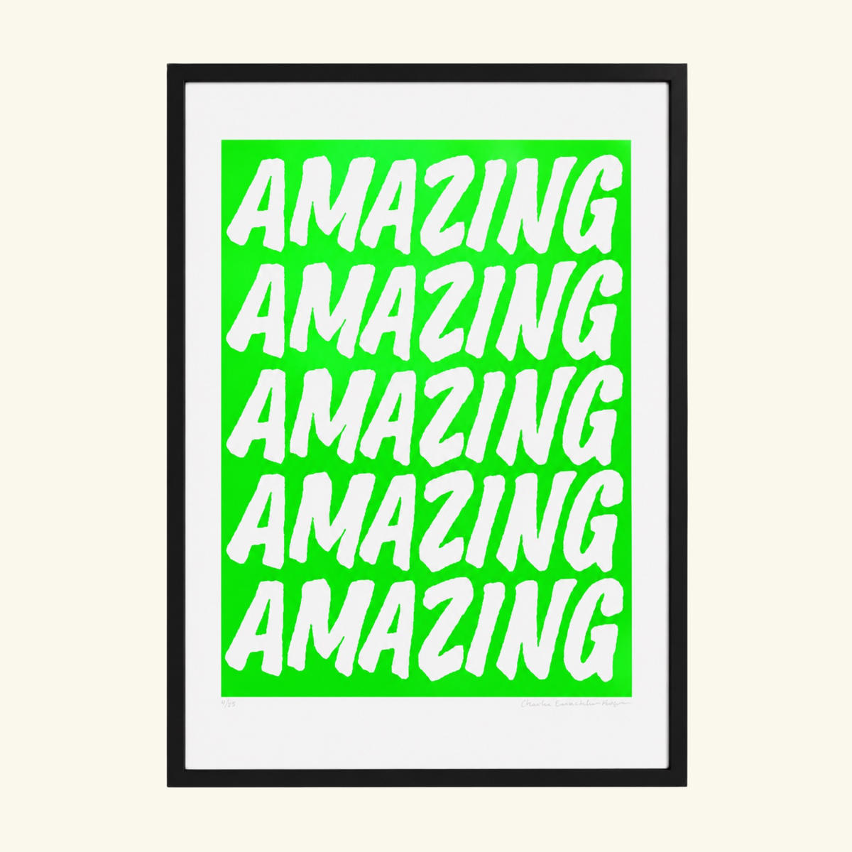 A framed typographic green art print featuring the word 'AMAZING' by  margate artist Charlie Evaristo Boyce as seen on The Big deal  with Steph McGovern BBC 2