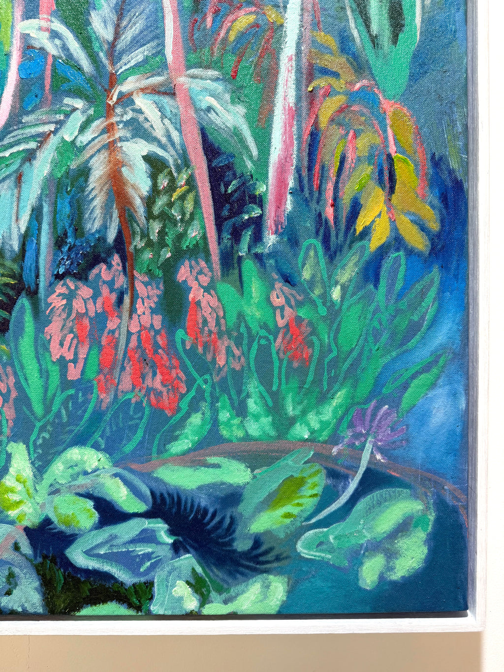 Hunte's Gardens 2026 by Hannah Rollings, original colourful landscape painting inspired by Barbados. Up close palm tree jungle painting
