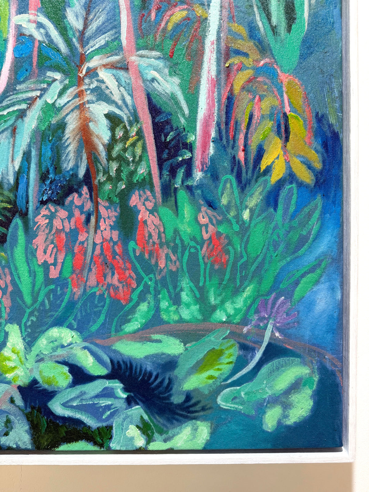 Hunte's Gardens 2026 by Hannah Rollings, original colourful landscape painting inspired by Barbados. Up close palm tree jungle painting
