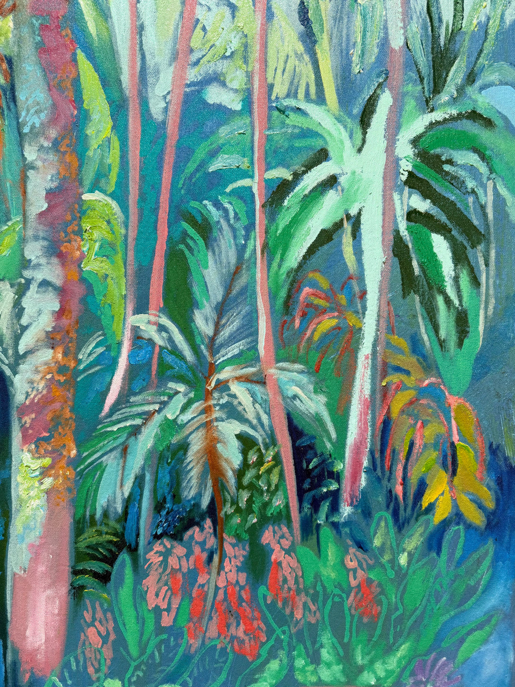 A colorful painted tropical jungle scene with palm trees, dense foliage, and bright green, blue, pink, and orange brushstrokes filling the frame. Original painting by Hannah Rollings inspired by Bardbados. 