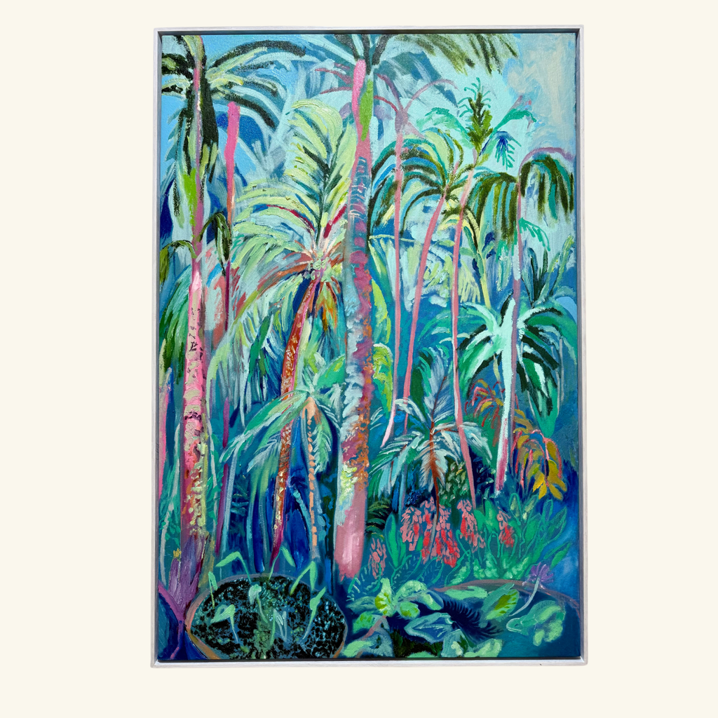 An abstract expressionist painting of a tropical palm forest, featuring vibrant greens, blues, and pink trunks, presented in a thin frame against a light cream background.