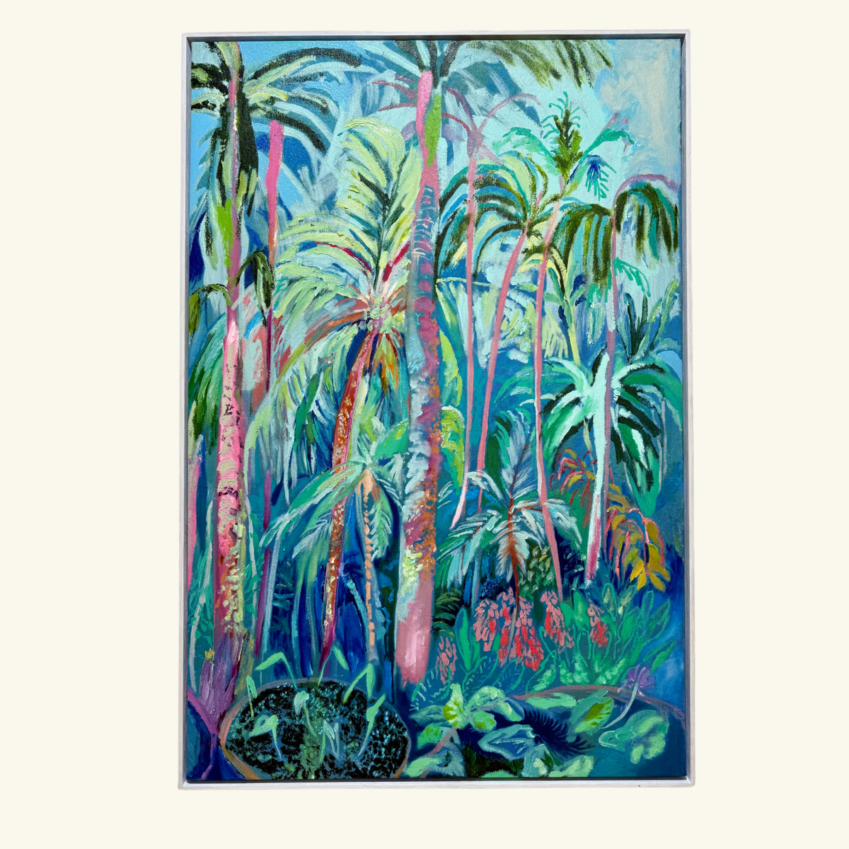 An abstract expressionist painting of a tropical palm forest, featuring vibrant greens, blues, and pink trunks, presented in a thin frame against a light cream background.
