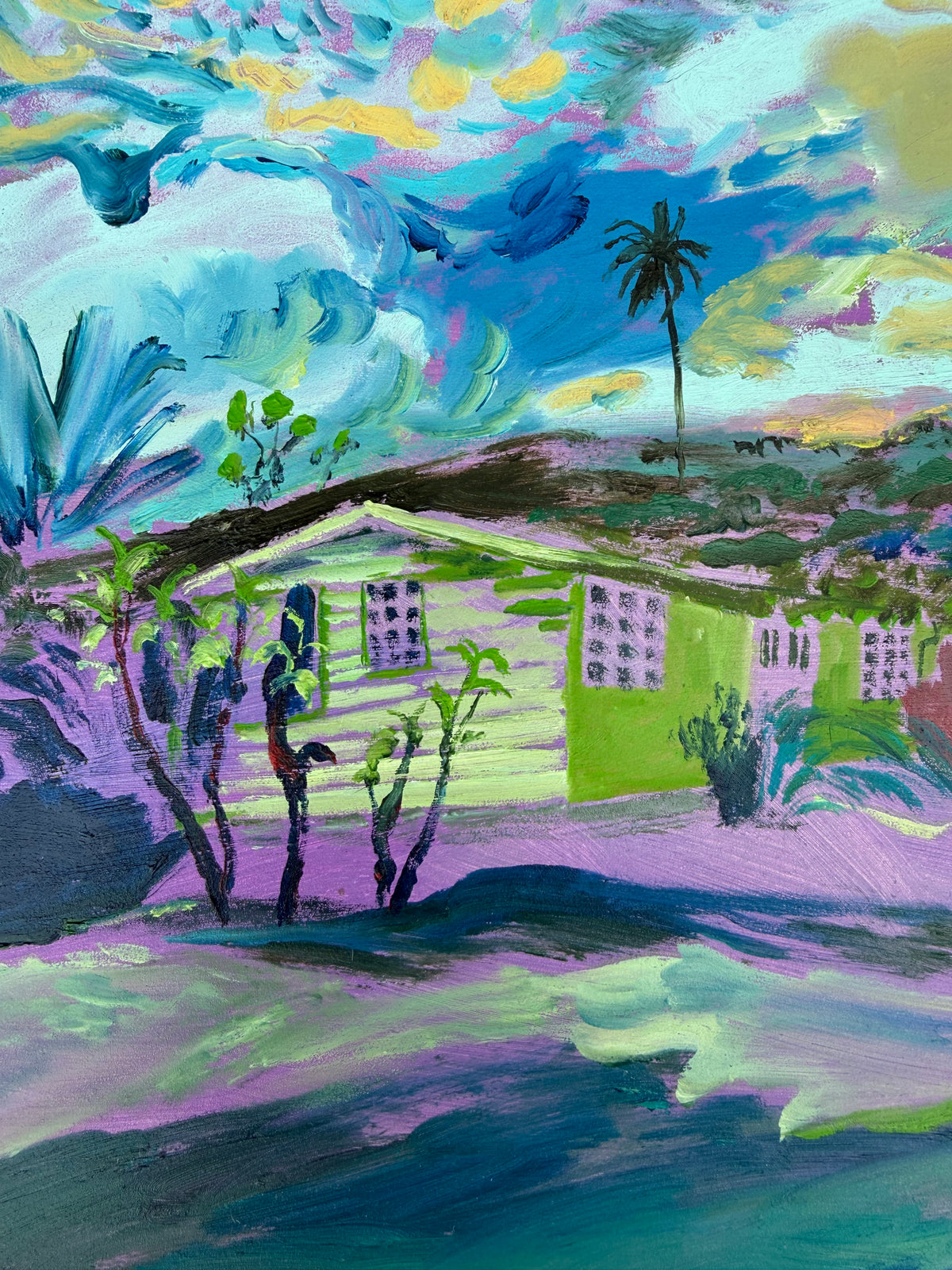 Rooster Tropics 2026 by Hannah Rollings, colourful original painting inspired by the tropical landscape of Barbados
