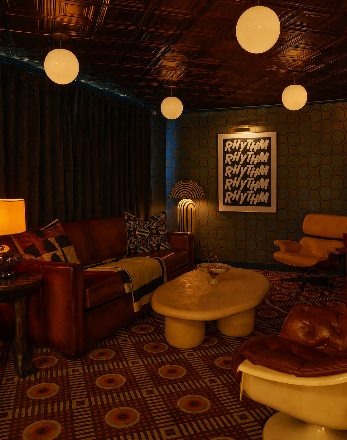 Cozy living room with brown sofas, patterned rug, and wall art.