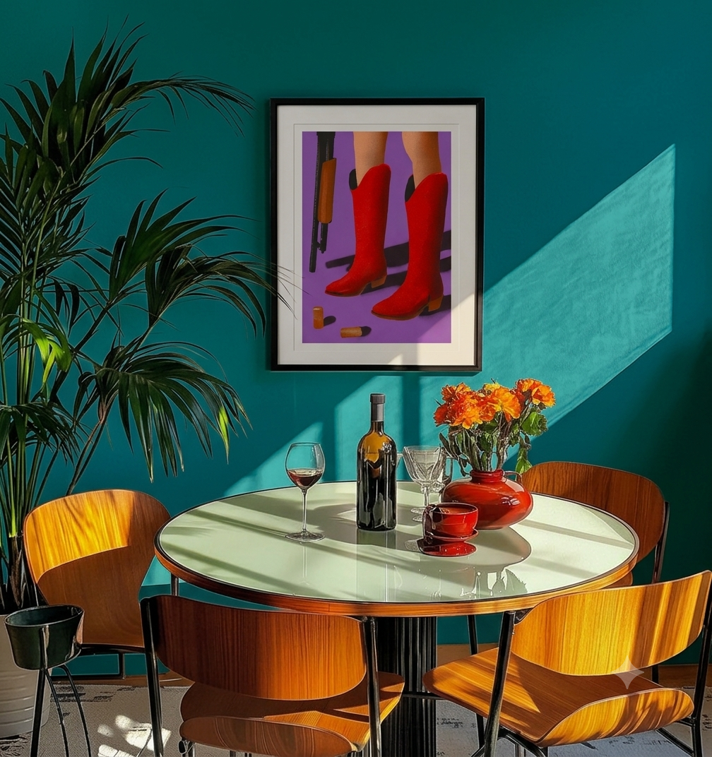 Collectible Maximillian Boxer limited edition print displayed in a contemporary home interior. Featuring iconic red cowboy boots, champagne corks and vibrant pop-art colours, this framed artwork adds retro glamour, kitsch humour and personality to modern homes, dining rooms and home bars.
