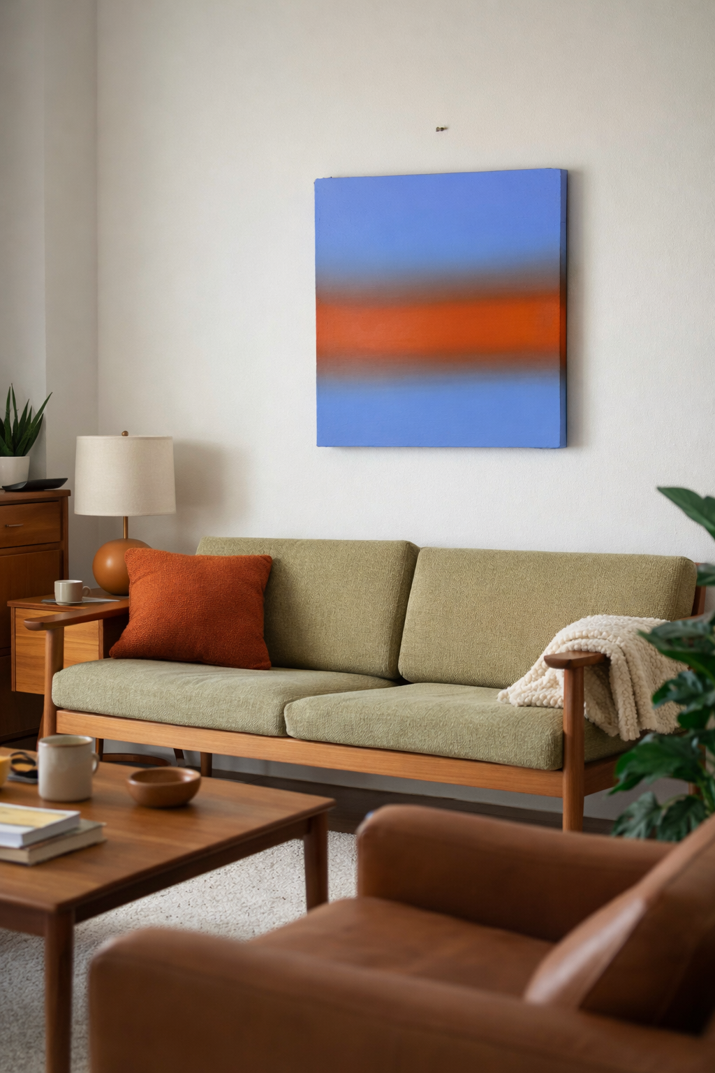 Living room with a olive sofa, mid-centurary wooden coffee table, and abstract gradient acrylic painting on the wall. 