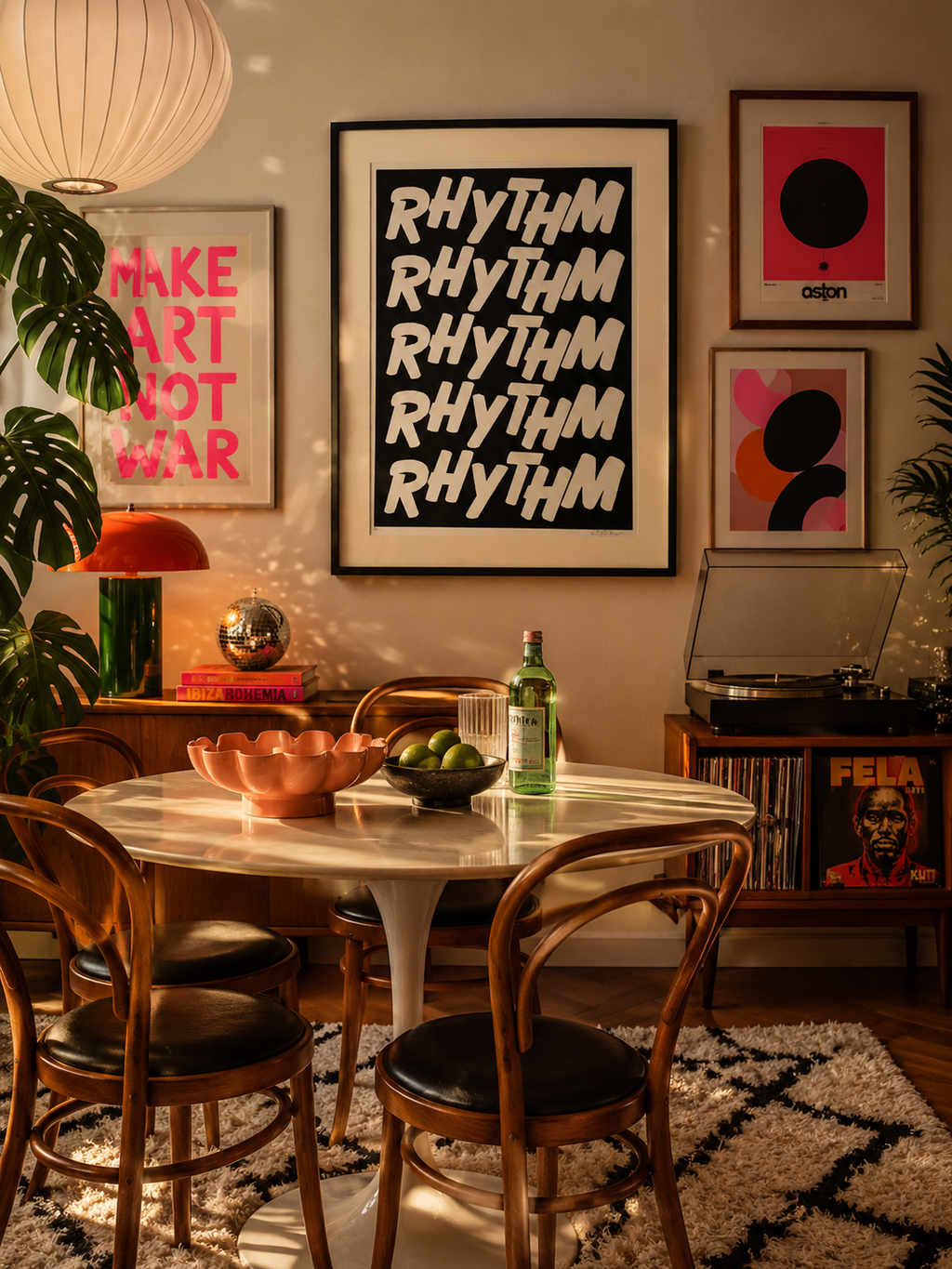 Dining room with a round table, chairs, and wall art featuring the word 'Rhythm'.